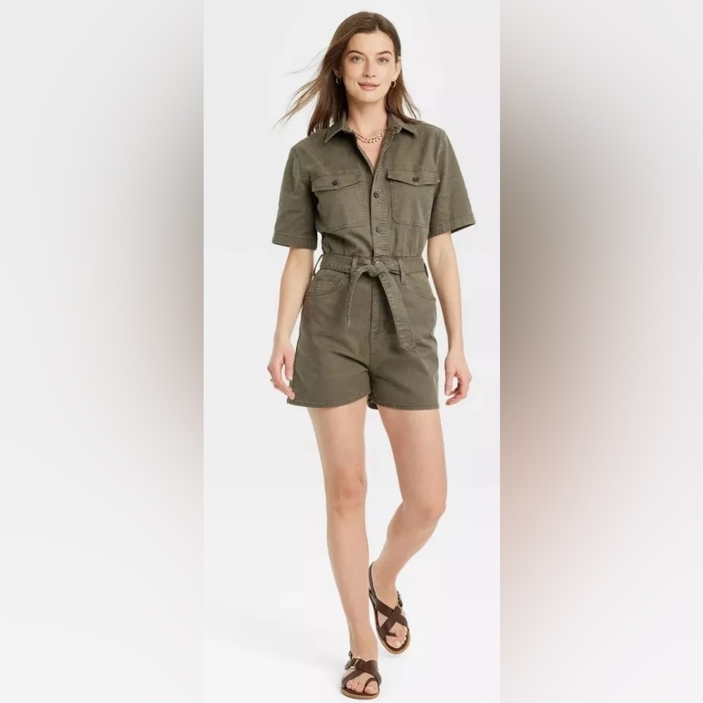 Women's Short Sleeve Denim Romper Universal Thread Olive Green Size 8 NWT